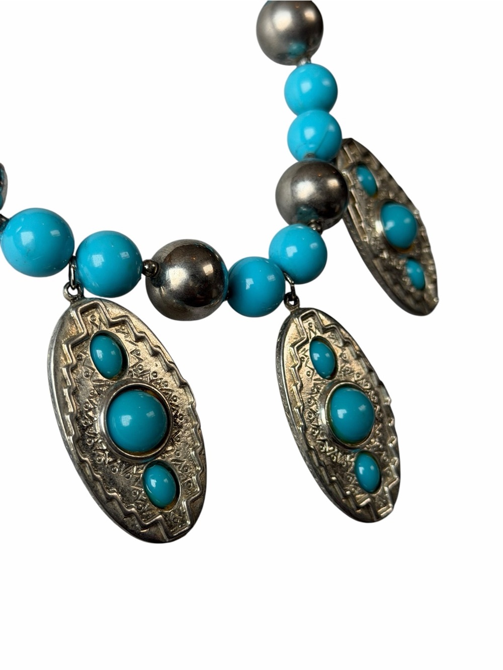 Vintage Silver-tone & Turquoise Colored Beaded Necklace Southwestern Statement - Picture 4 of 7
